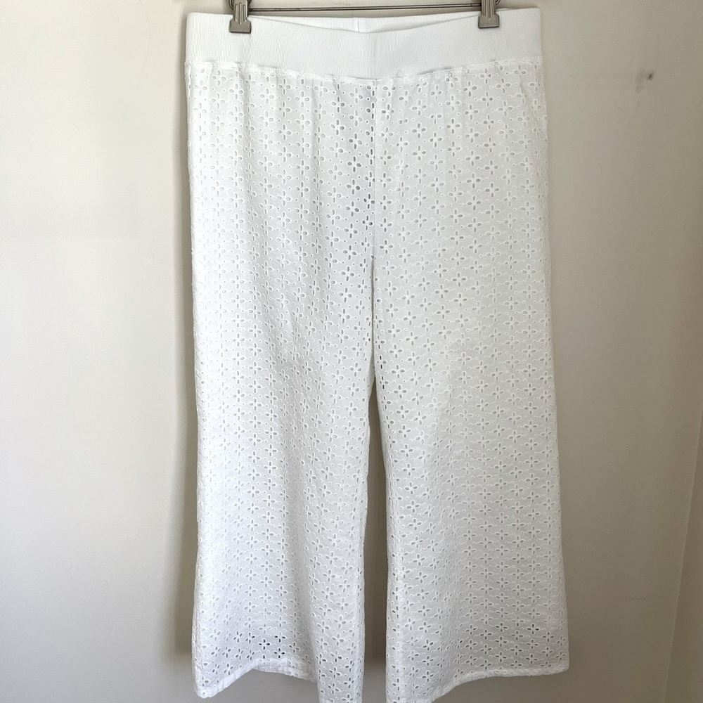 White Eyelet Cropped Wide-Leg Pants